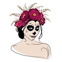 kvinna ansikte med socker skalle smink och blomma krans på head.calavera catrina för affisch, kort emblem design vektor illustration isolerad.dia de los muertos, mexikansk Semester dag av de död, halloween