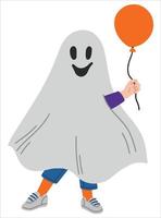 ein Kind in einem Geisterkostüm mit einem Halloween-Ballon. bunte Vektorillustration im flachen Stil. gruselige Kostümparty für Kinder. vektor