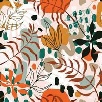 trendig sömlös mönster med intressant tropisk löv och växter med abstrakt hand dragen prydnad bakgrund. kreativ exotiska lövverk blommig bakgrund. vektor