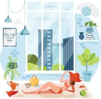 Mädchen sonnt sich im Sommer vom großen Fenster im Wohnzimmer der Wohnung. im sommer zu hause bleiben. Mädchen, das das Indoor-Konzept der Sommersaison genießt. flache charakterillustration. vektor