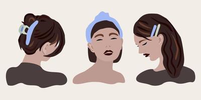 tre ung kvinnor med olika hår stilar. vektor
