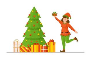 vektor illustration av de begrepp av ett älva dekorera en jul träd. vinter- traditioner.