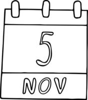 Kalenderhand im Doodle-Stil gezeichnet. 5. november. welt-tsunami-bewusstseinstag, datum. Symbol, Aufkleberelement für Design. Planung, Betriebsferien vektor