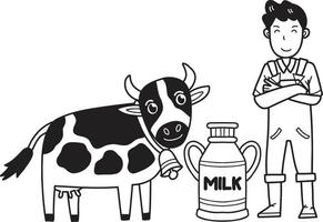 hand dragen manlig jordbrukare mjölkning kor illustration vektor