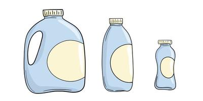 eine reihe von illustrationen, verschiedene leichte plastikbehälter mit milch, eine milchflasche, eine vektorillustration im cartoon-stil auf weißem hintergrund vektor