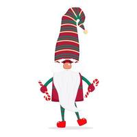 Ein bärtiger süßer Gnom in einer Mütze mit Lutschern in den Händen, eine märchenhafte Weihnachtsfigur. vektorillustration im flachen stil vektor