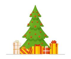 Vektor-Illustration eines Weihnachtsbaums mit roten Ornamenten und Geschenken darauf. Winterkarte oder Umschlag. vektor