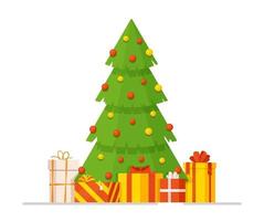 Vektor-Illustration eines Weihnachtsbaums mit roten Ornamenten und Geschenken darauf. Winterkarte oder Umschlag. vektor