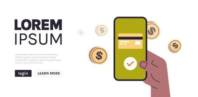 hand innehav smartphone för mobil betalning med de Ansökan och framgångsrikt uppkopplad betalning begrepp platt vektor illustration.