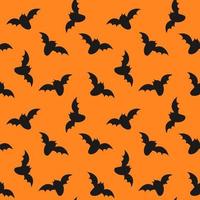 sömlös mönster med fladdermöss för halloween. svart platt silhuett element på en orange bakgrund. färgrik vektor illustration.