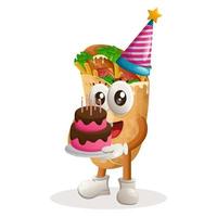 söt burrito maskot bär en födelsedag hatt, innehav födelsedag kaka vektor
