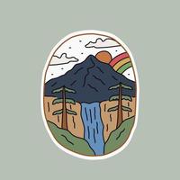 Design des Naturberg- und Wasserfallregenbogens für Abzeichen, Aufkleber, Aufnäher, T-Shirt-Design vektor