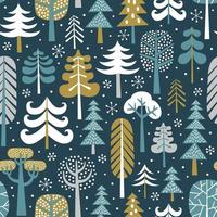 vinter- snöig trän sömlös mönster. silhuetter av söt snöig träd på mörk blå bakgrund. repetitiva jul vektor tapet.