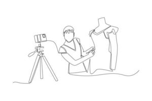 enda ett linje teckning skönhet flicka mode vlogger presenter klänning till kamera. praktiskt taget begrepp. kontinuerlig linje dra design grafisk vektor illustration.