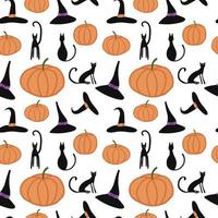 Vektor-halloween-nahtloses Muster. schwarze katze, kürbis, hexenhut. design für halloween-dekor, textilien, geschenkpapier, tapeten, aufkleber, grußkarten. vektor