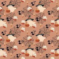 halloween platt sömlös mönster, ljuv orange Färg bakgrund, vit spöke ark med svart häxa hatt, svart katt, Spindel webb, stjärna, skaft måne, pumpa pott, halloween ljus och cupcakes. vektor