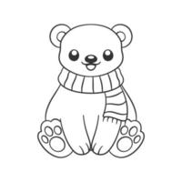 niedlicher chibi-schnee-eisbär, der eine schalumrissgekritzel-tierkarikaturillustration trägt. Wintertier-Weihnachtsthema-Malbuch-Seitenaktivität für Kinder und Erwachsene. vektor