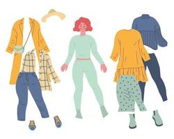 Herbst weibliche Garderobe. Frau mit Outfit-Kollektion, die sie tragen kann. stilvolle Anziehpuppe aus Papier. hand gezeichnete karikaturvektorillustration vektor