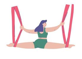 kurvig kvinna aero stretching. kvinna karaktär praktiserande antenn yoga. hand dragen vektor illustration