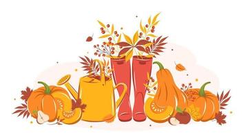 urlaubskarte mit kürbis, obst, süßen gummistiefeln, gießkanne und herbstlaub. hallo Herbst. Frohes Thanksgiving. Vektor-Illustration vektor