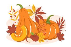 pumpa med höstens färgglada löv och frukt. Glad thanksgiving. vektor illustration för semester gratulationskort, banner, affisch