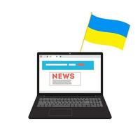 ukrainische Flagge und Laptop mit Nachrichtenfenster auf dem weißen Hintergrund isoliert. Krieg in der Ukraine, Suche nach Nachrichten oder Informationen. Vektor-Illustration vektor