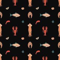 sömlös mönster med marin djur. platt hand dragen vektor illustration. för utskrift på menyer, fisk restauranger, förpackning. hav mat.