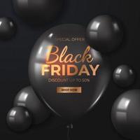 svart fredag försäljning erbjudande befordran rabatt baner med 3d realistisk svart flygande ballong och 3d svart sfär vektor
