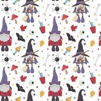 niedliches Cartoon-Halloween-Gnome-Charaktermuster. Vampir in einem Umhang, Hexe mit Besen, rote und gelbe Tränke, Wulstling und andere. gespenstischer Feiertagshintergrund. vektor