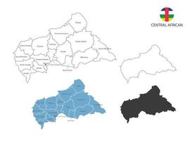 4 Stil der zentralafrikanischen Kartenvektorillustration haben alle Provinzen und markieren die Hauptstadt Zentralafrikas. durch dünnen schwarzen Umriss-Einfachheitsstil und dunklen Schattenstil. vektor