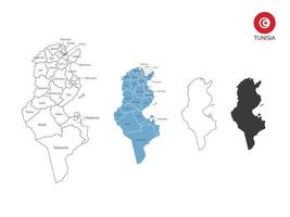 4 Arten von Tunesien-Kartenvektorillustrationen haben alle Provinzen und markieren die Hauptstadt von Tunesien. durch dünnen schwarzen Umriss-Einfachheitsstil und dunklen Schattenstil. isoliert auf weißem Hintergrund. vektor