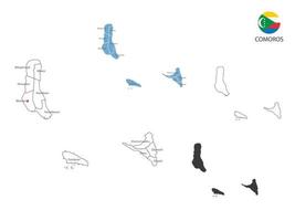 4 Stil der Komoren-Kartenvektorillustration haben alle Provinzen und markieren die Hauptstadt der Komoren. durch dünnen schwarzen Umriss-Einfachheitsstil und dunklen Schattenstil. isoliert auf weißem Hintergrund. vektor