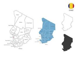 4 Stile der Tschad-Kartenvektorillustration haben alle Provinzen und markieren die Hauptstadt des Tschads. durch dünnen schwarzen Umriss-Einfachheitsstil und dunklen Schattenstil. isoliert auf weißem Hintergrund. vektor