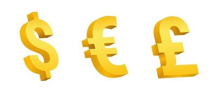 goldene Währungssymbole. Volumen 3D Zeichen von Dollar und Euro Pfund Sterling Bankwährung wirtschaftliches gelbes Vektorvermögensdesign vektor