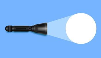 taschenlampe mit licht auf blauer oberfläche. realistisches schwarzes taschengerät leuchtet vektor