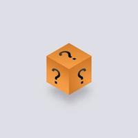 hemlighet mystisk låda isometri. gul kubisk förpackning med fråga märken okänd paket gåva hjälp med ofta frågade frågor mystisk behållare med vektor överraskning.