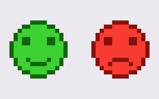 glückliches und unglückliches 8-Bit-Emoticon. Fröhlicher grüner Charakter mit lächelndem Gesicht und trauriges Rot mit wütenden Depressionsgesichtsausdrücken soziale Bewertung und Meinungen von Vektorbenutzern. vektor