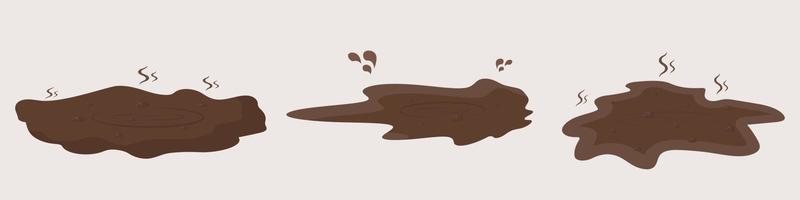 vattenpölar av lera uppsättning. spillts pöl av brun choklad Färg yta stänkte med kaffe våt dunks lera träsk dragen geometrisk vektor droppar.