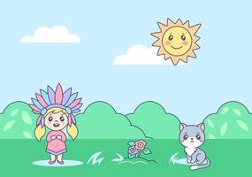 indisches kind mit kätzchen auf sommeranime-rasenillustration. Fröhliches Cartoon-Kind mit farbigem Federkopfschmuck, das mit glücklicher Katze spielt. vektor
