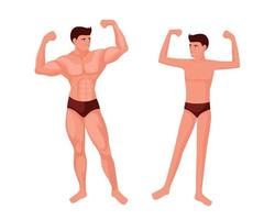 atletisk och tunn man. muskulös idrottare poser med pumpade muskler och mager kille med tunn lemmar och slapp vektor muskler