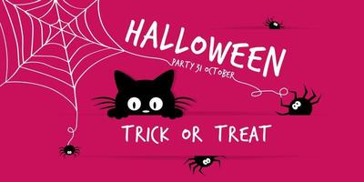 Lycklig halloween vykort i papper skära stil. de söt svart kattunge är rädd av spindlar. vektor