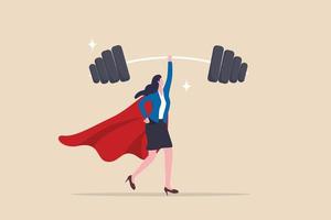 Frau Stärke mächtige Superheldin, Dame Führung oder Erfolg weibliche Führungskraft, Stolz, Ehrgeiz, Anstrengung oder Business-Champion-Konzept, Vertrauen mächtige Geschäftsfrau Superheldin, die schweres Gewicht hebt.