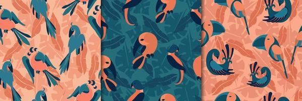 fåglar i djungel sömlös mönster. exotisk papegojor orange grön tropisk paradis med tukaner djungel vinstockar och blommor. vektor