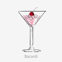 bacardi cocktail. kuban aperativ cocktail rosa alkoholhaltig, ljuv bacardi rom grenadin och citron- juice i cocktail glas, kategori oförglömlig uppfriskande, uppfriskande eras vektor körsbär.