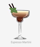 espresso Martini cocktail. brun cocktail två strån och blad mynta vodka baserad alkohol digestif kaffe likör espresso socker sirap eras vektor glas Martini is kategori ny epok drycker.