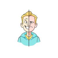 Cartoon Hipster junger Mann mit der Hälfte der glücklichen und wütenden Gesichter Vektorgrafik vektor