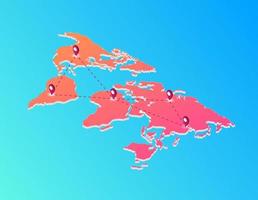 värld Karta med webb rutt etiketter isometrisk. röd kontinenter med gps pekare på blå lutning Plats. vektor