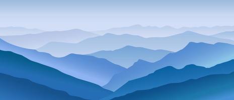Bergblaue Landschaft. horizontales Panorama offener, riesiger Hügel, entfernter Gipfel, bedeckt mit nebligem Dunst, abstraktes Gelände zum Wandern und Klettern, schöne Vektor-Naturlandschaft. vektor