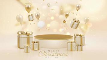 glad jul bakgrund med produkt visa podium och gåva låda dekoration och gyllene boll och ballonger med band och glitter ljus effekt och bokeh element. vektor