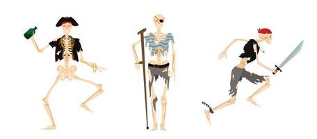 Skelette Piraten. tot in verfallener seekleidung tanzt mit rumflaschen und rennt mit säbel, um toten korsaren mit krücke anzugreifen, um vektoren zu gehen.